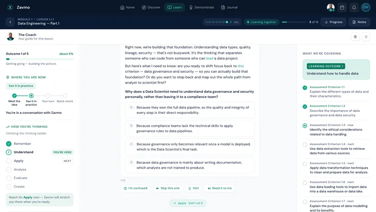 A Zavmo lesson in progress: Zavmo's reply to the learner's own question in the middle, the Bloom's thinking ladder and live learning signals on the left, and the assessment criteria being covered on the right.