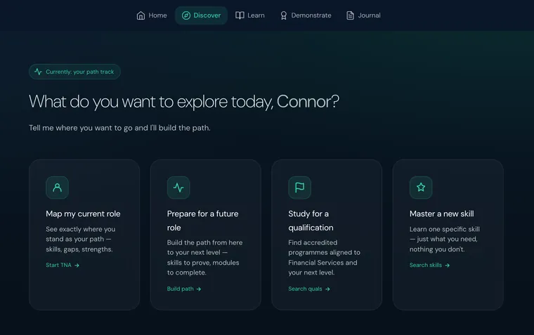 The Zavmo Discover screen, addressing the learner by name and offering four routes: map my current role, prepare for a future role, study for a qualification, or master a new skill.
