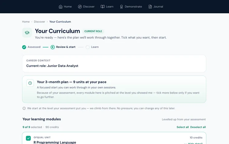 A Zavmo curriculum screen: a three-month plan of nine units, ninety credits, each one an Ofqual-regulated unit the learner can tick or untick before starting.