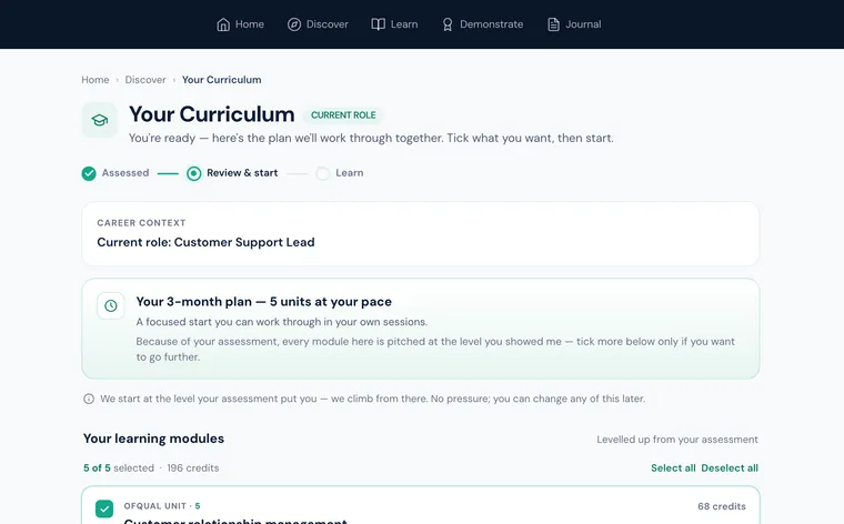 A Zavmo curriculum screen: a three-month plan built for a customer support lead, five Ofqual-regulated units and a hundred and ninety-six credits.