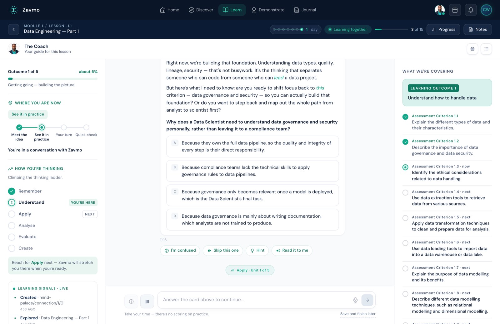 A Zavmo lesson in progress: the thinking ladder and live learning signals on the left, the conversation and a four-option question in the middle, and the assessment criteria being evidenced on the right.