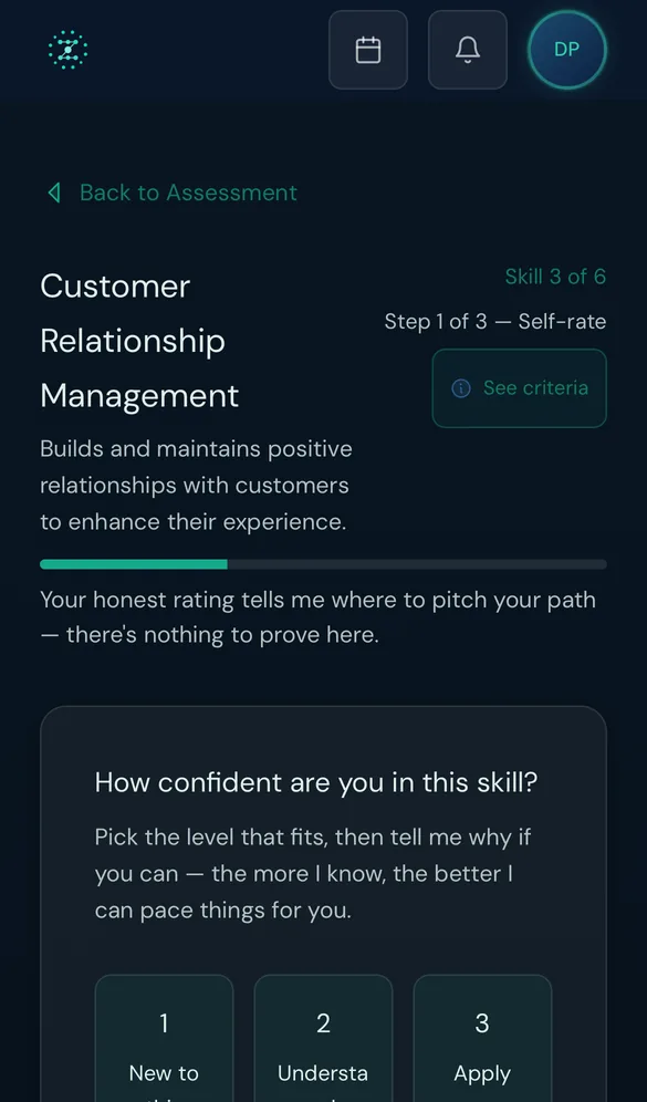 A skill check question on Zavmo, asking the learner to rate their current ability.