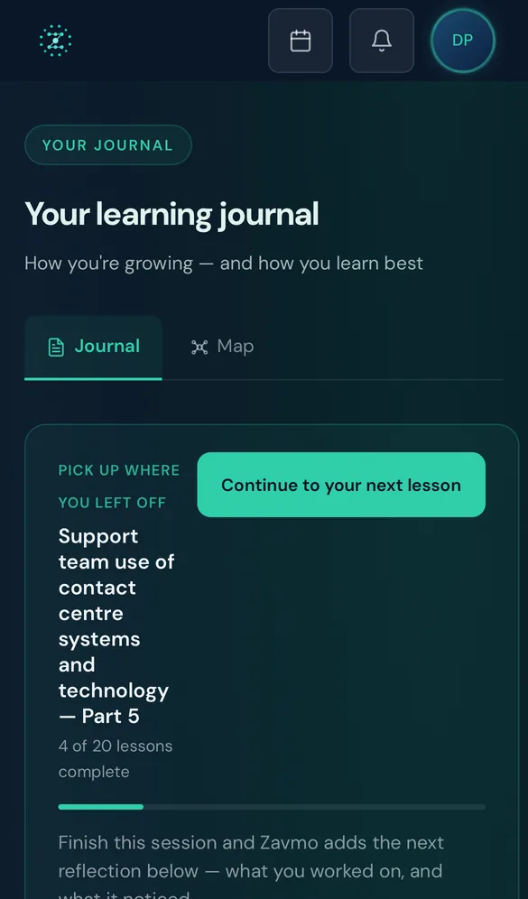 A learner’s journal in Zavmo, recording what they covered and what they concluded.